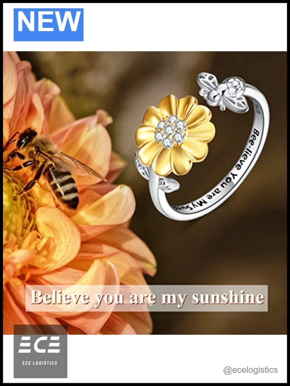Sterling Silver Sunflower Bee Open Adjustable Ring for Women